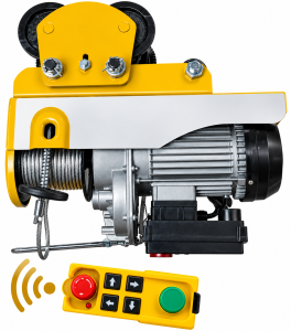 Wciągarka elektryczna linowa 500/990 kg 20 m z wózkiem elektrycznym 230 V – pilot bezprzewodowy